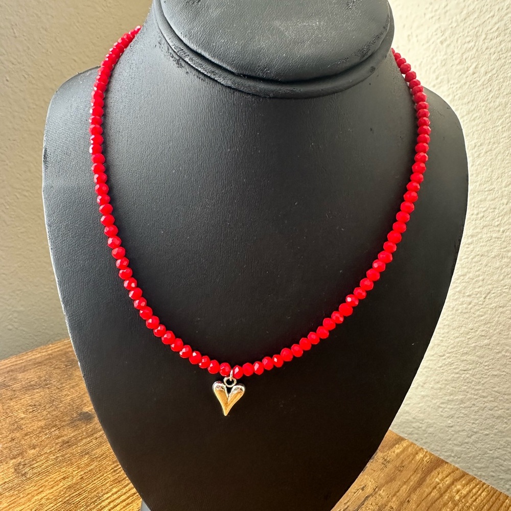 Radiant Red Beaded Necklace with Gold Heart Pendant